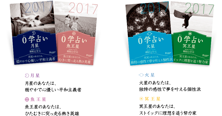 月星のあなたは、穏やかで心優しい平和主義者／魚王星のあなたは、ひたむきに突っ走る熱き英雄／火星のあなたは、独特の感性で夢を叶える個性派／冥王星のあなたは、ストイックに理想を追う努力家